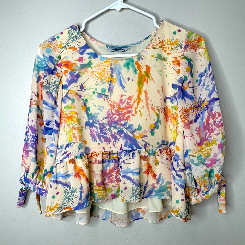 Amanda Uprichard Pastel Floral Watercolor‎ Puff Sleeve Peplum Crop Length Blouse